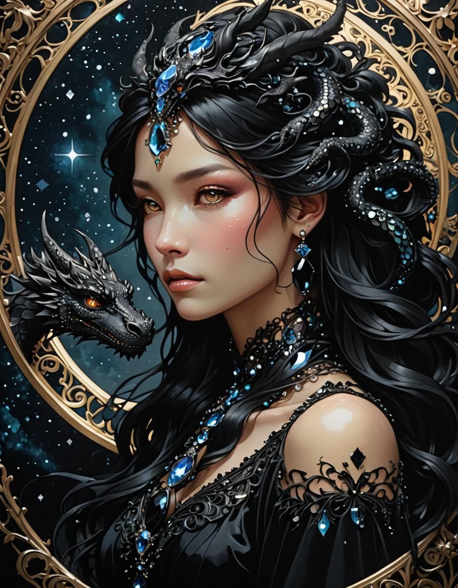 Onyx Dragon Girl with Small Dragon, Mucha Style