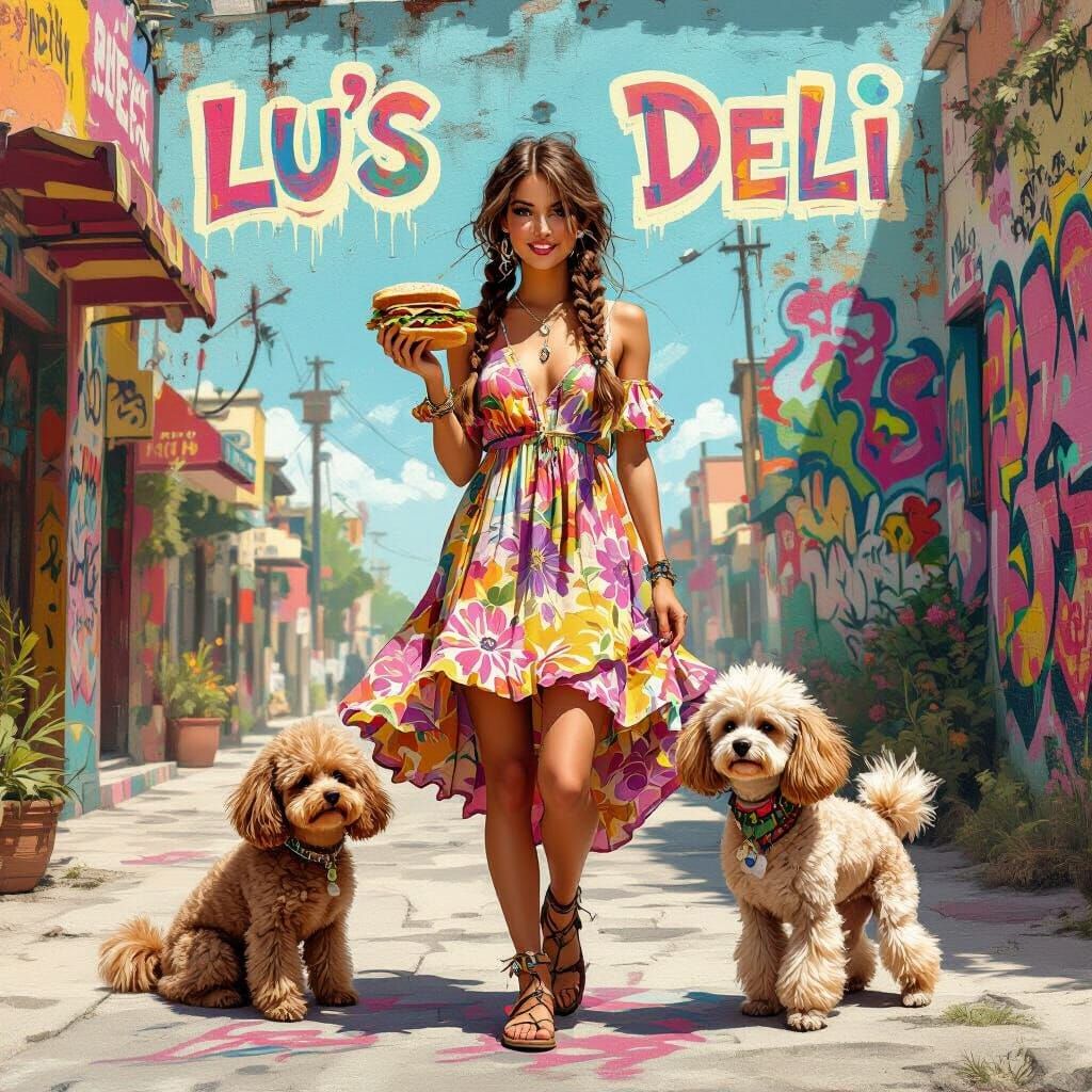 Hippie Woman with Sandwich in Urban Bohemian Art Style