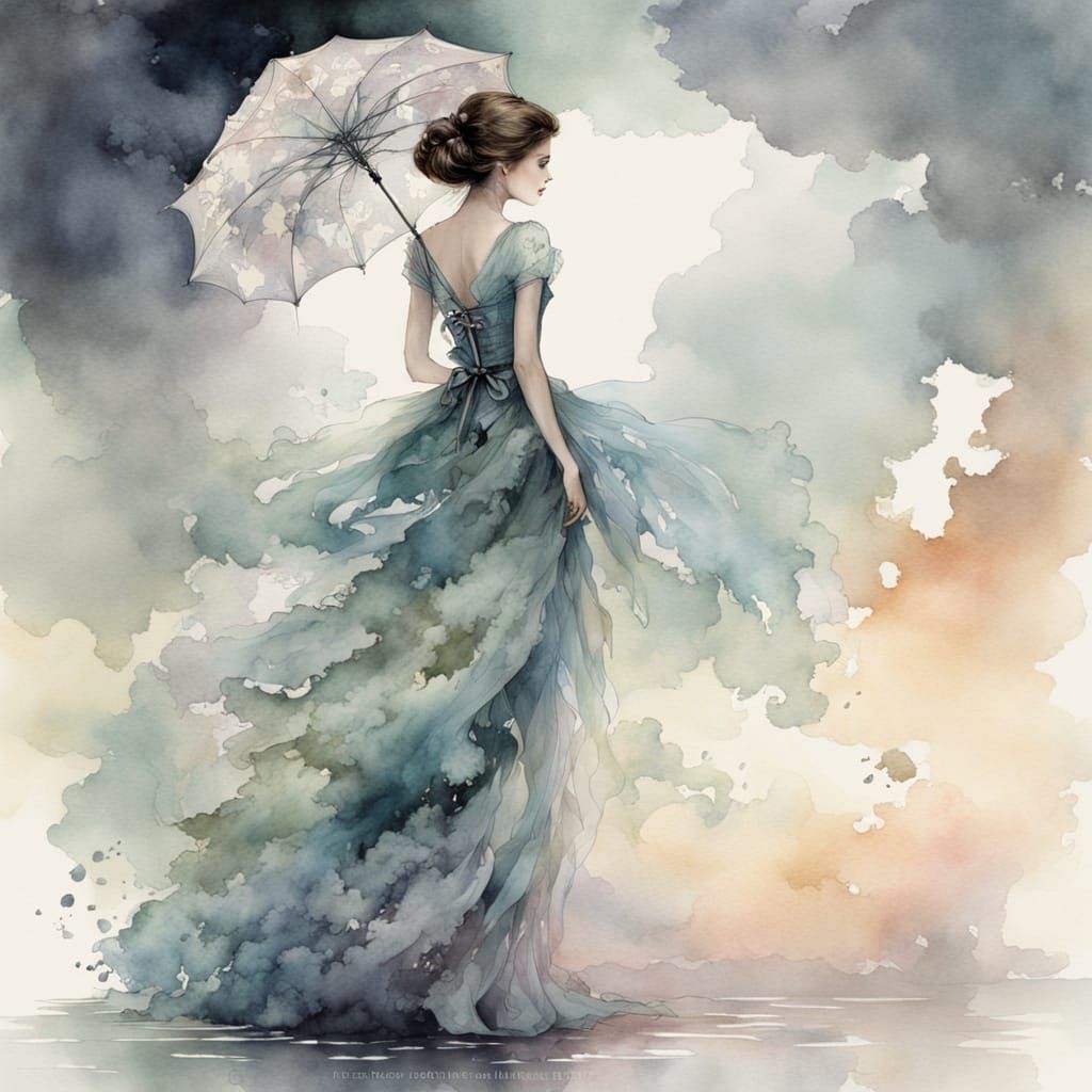 Ethereal Evening Silhouette in a Rainy Watercolor Dream