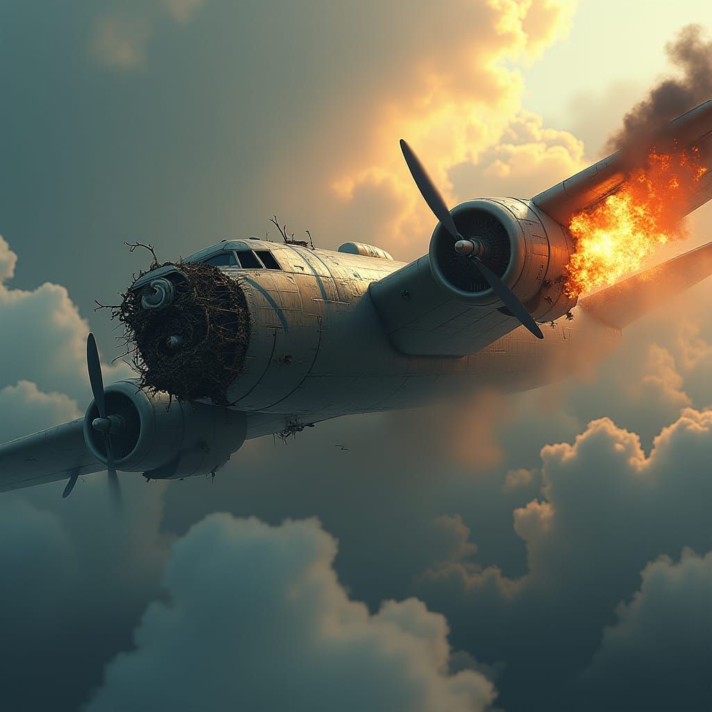 B-17 Bomber in Flames: Detailed Matte Painting