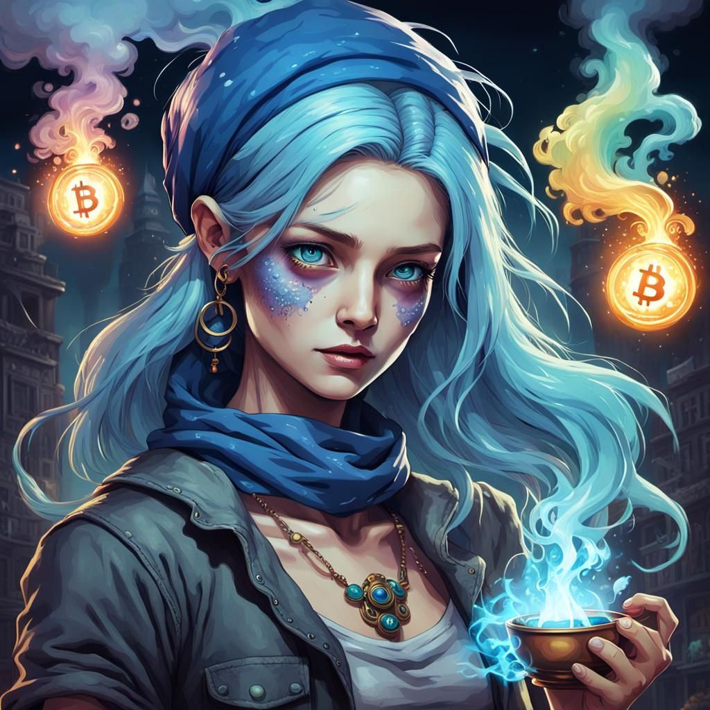 Psychic Woman Conjuring Spell in Dystopian Cityscape