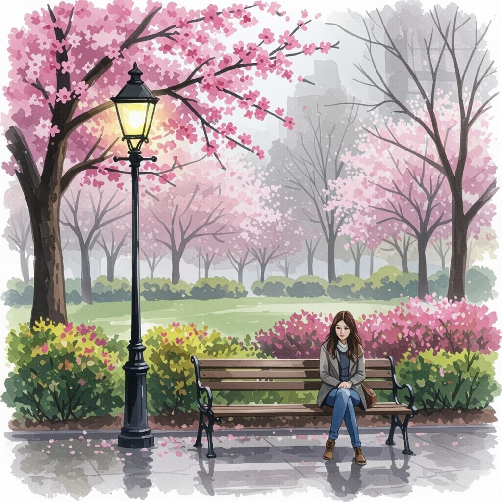 Park Bench Scene in Splash Art Watercolor