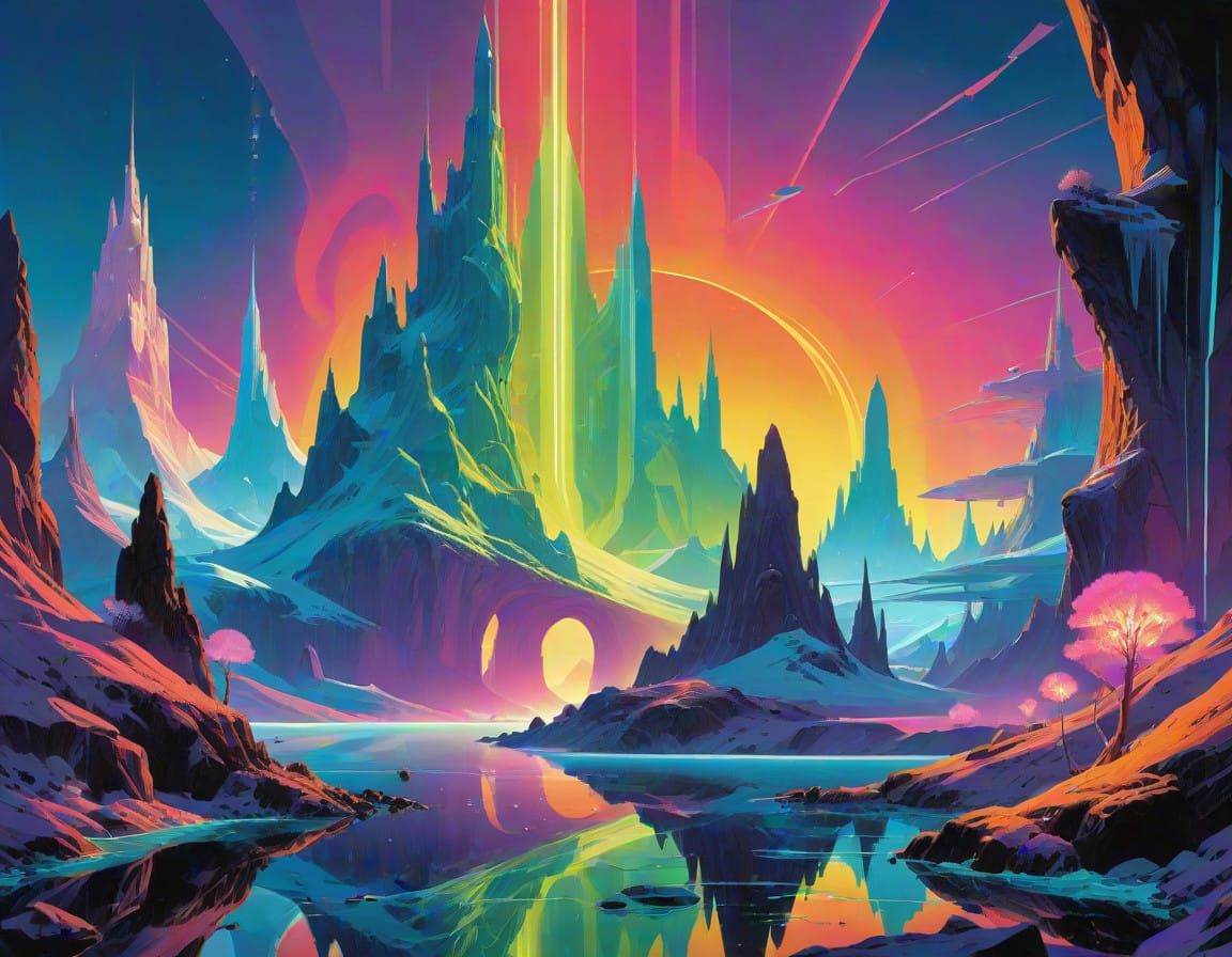 Dreams of Glittering Gemstone Spires in Neon-Accented Fantas...