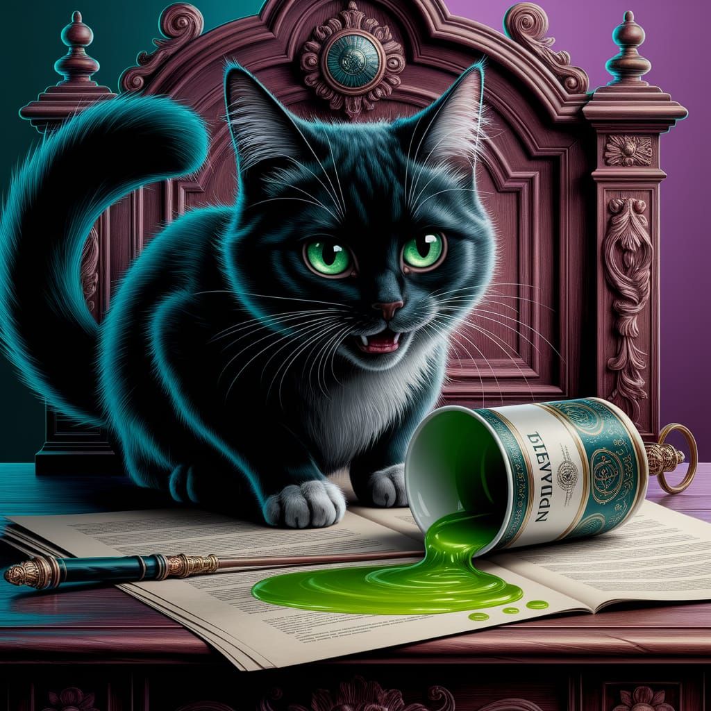 Mischievous Cat Spills Wizard's Potion in Maximalist Style