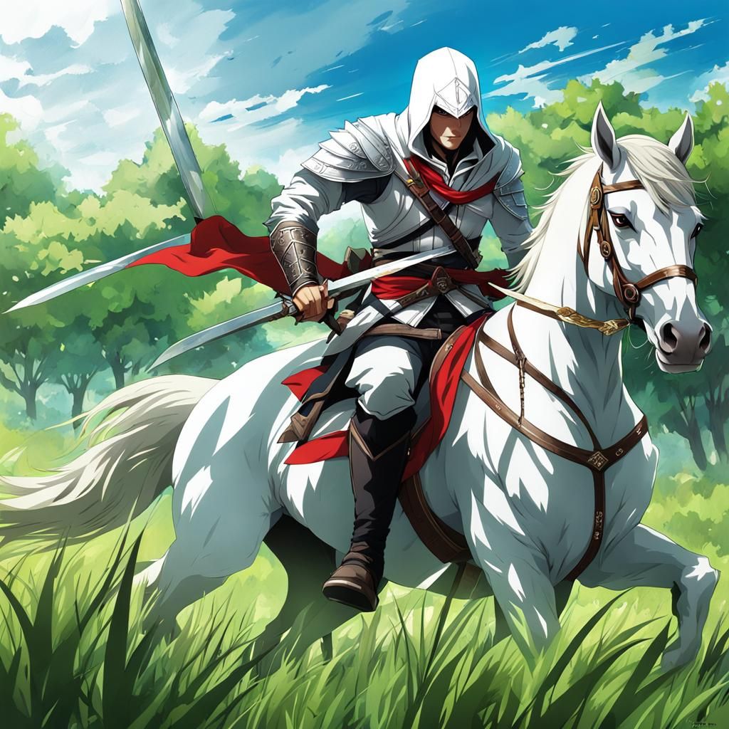 Anime-Style Assassin on White Horse in Field