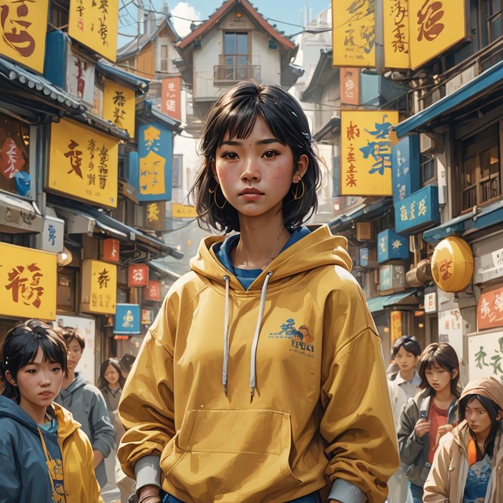 Elegant Asian Woman in Vibrant Yellow and Blue