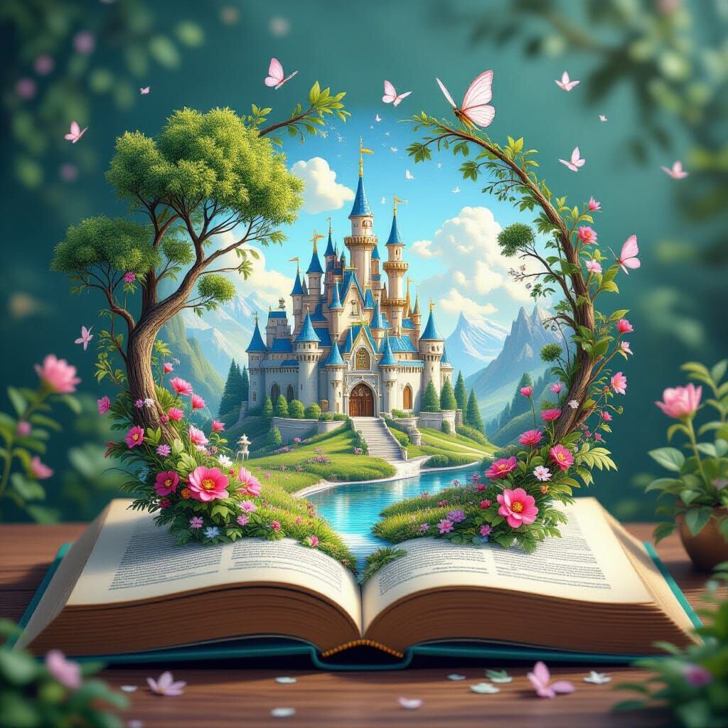 On the pages of a fairytales book a beautiful fantasy world ...