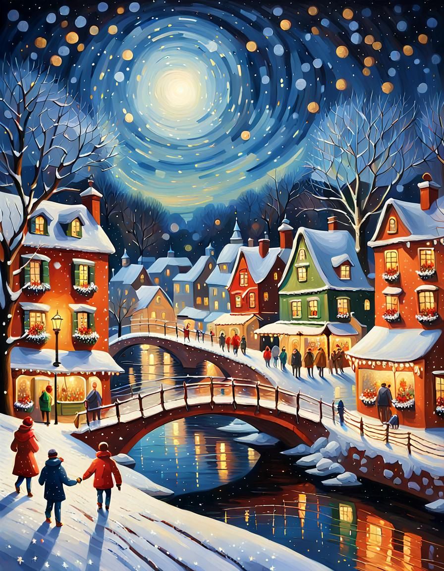Winter Wonderland Village Scene in Impressionist Oil Paintin...