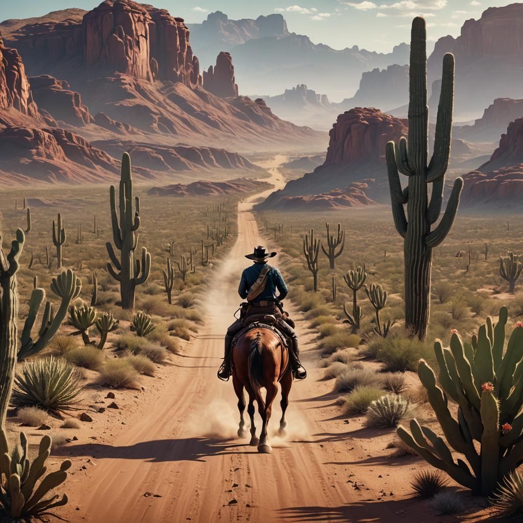 Cowboy Rides Horse Through Desert Landscape