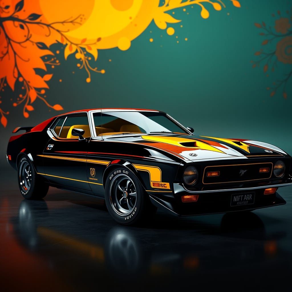Glossy Black 1972 Ford Mustang GT with Vibrant Yellow Trim i...