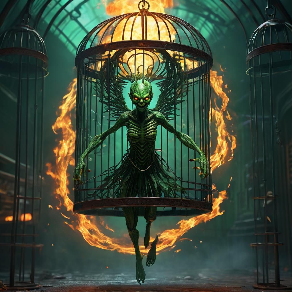 Menacing Green Demon and Caged Angel: 3D Digital Art