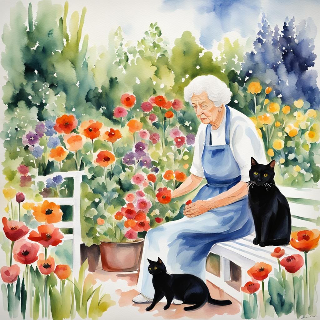 Watercolor Painting of Woman with Flowers and Cat