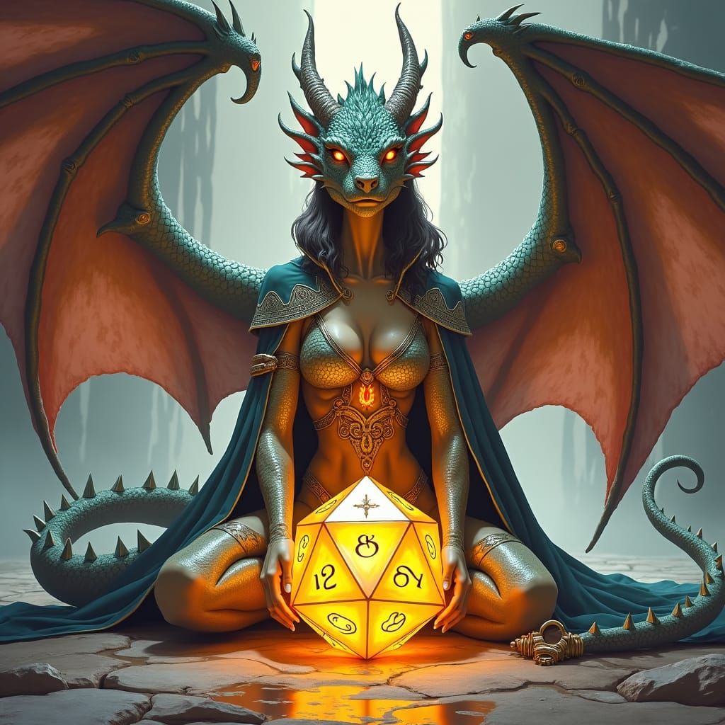 Iridescent Dragon with Glowing Dice in Fantasy Art