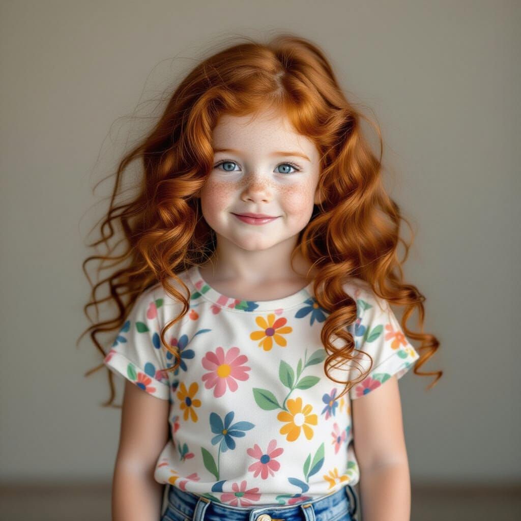 Sweet Freckled Girl With Curly Red Hair In Studio