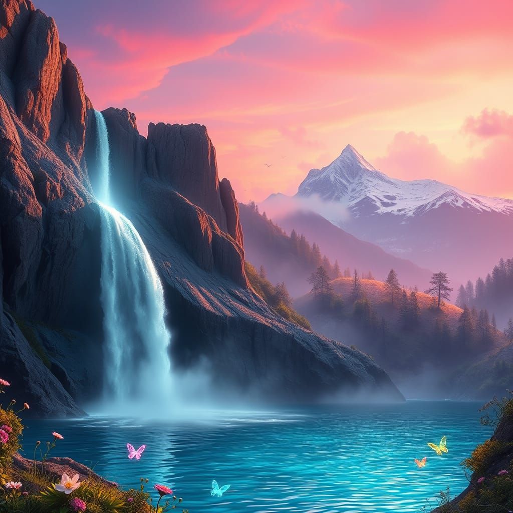 Dreamlike Landscape with Glowing Waterfall and Majestic Moun...