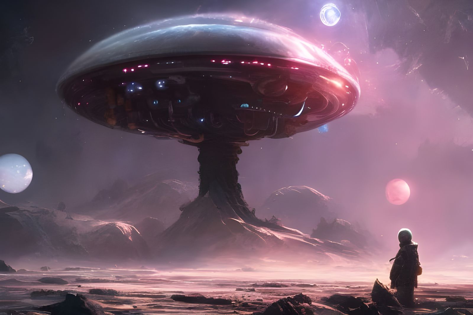 Alien UFO on Strange Planet in Sci-Fi Style