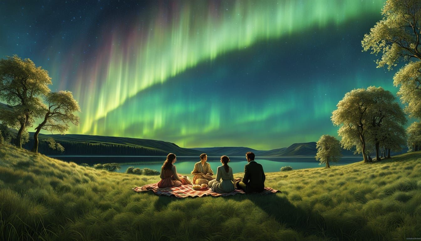 Picnic Under Aurora Borealis in Surreal Style