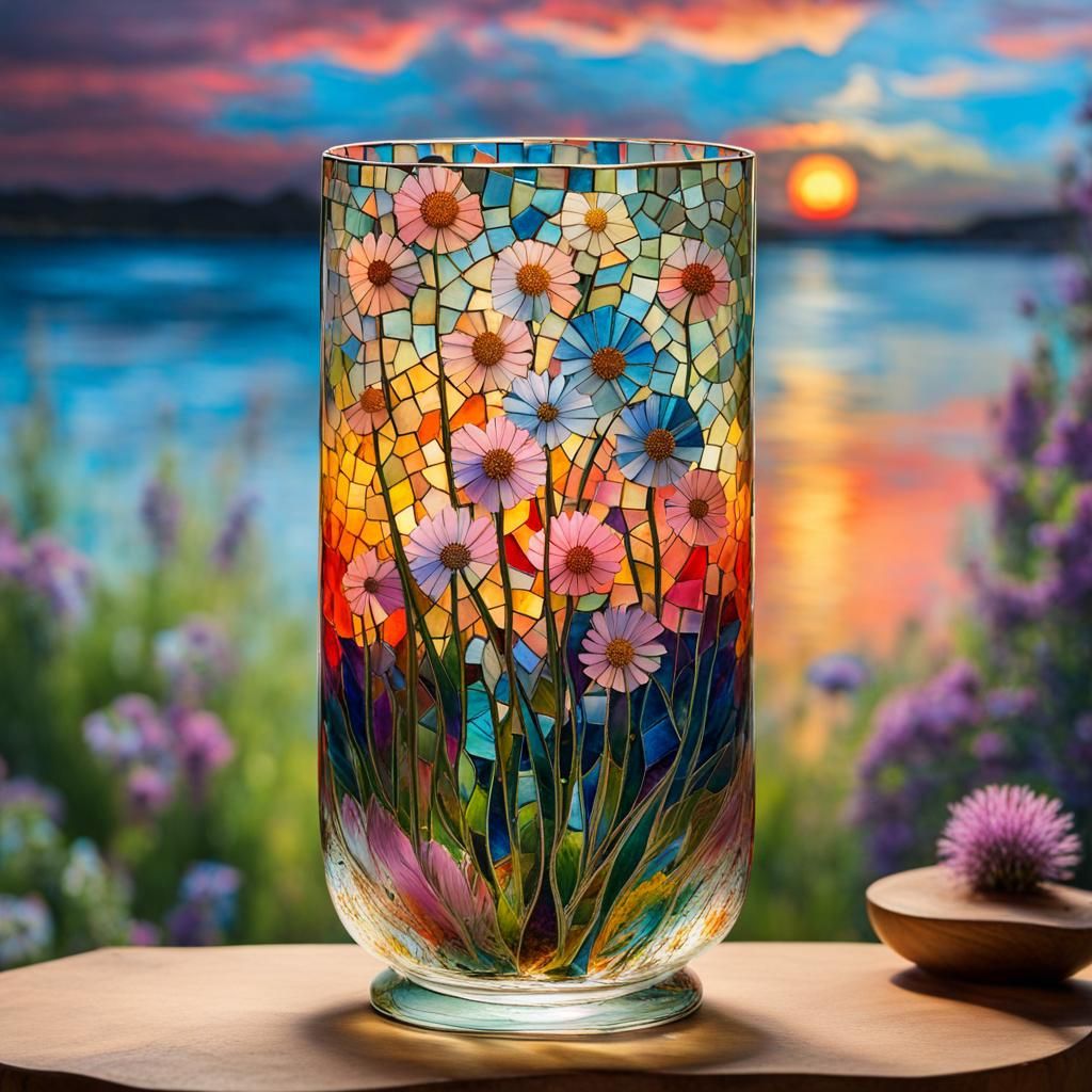 Wildflowers <pastels> in a mosaic glass vase <glass art> wit...
