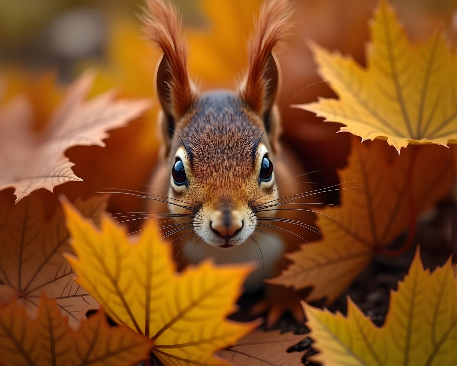 Red Squirrel Peeking Through Autumn Leaves
