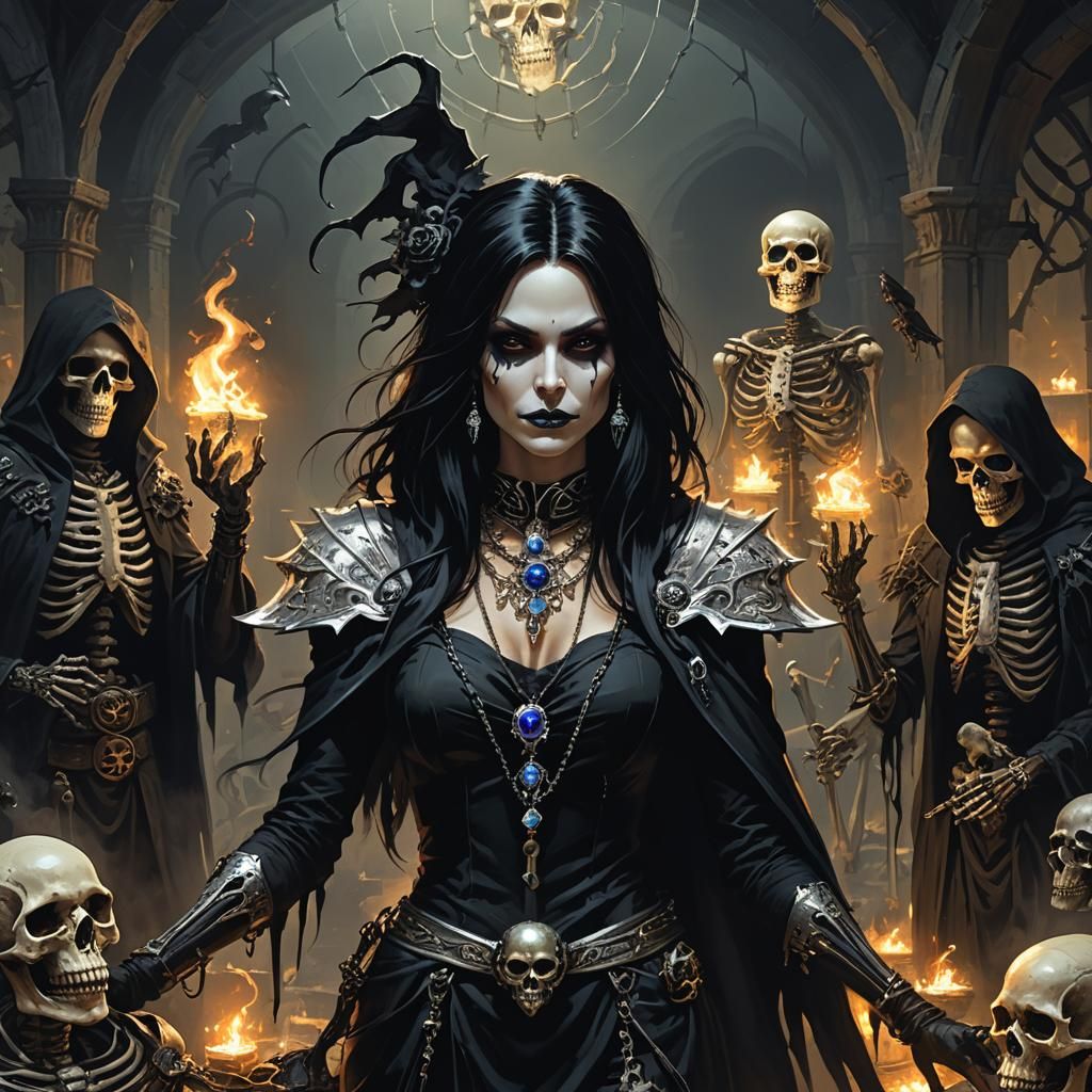Sinister Necromancer Witch with Skeletons