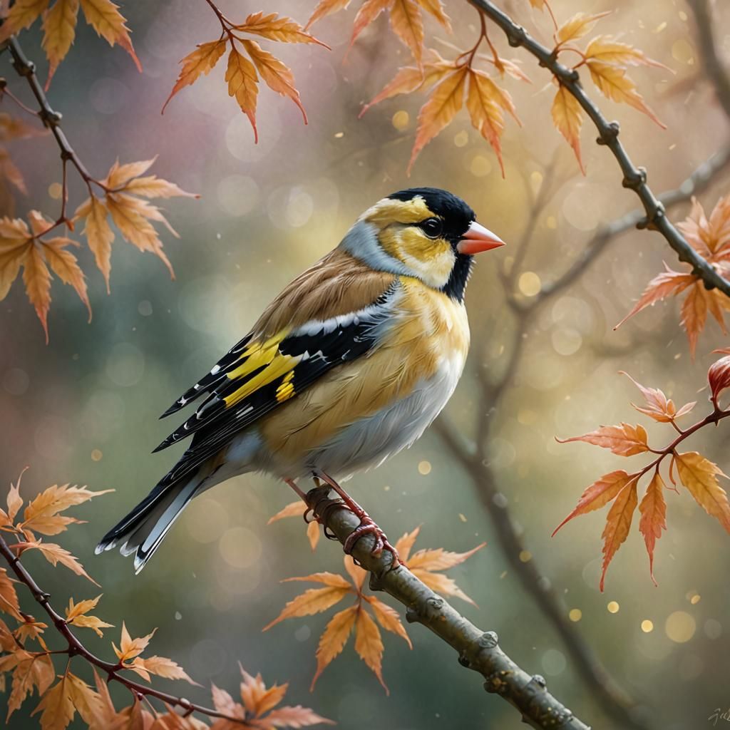 Goldfinch on Maple Branch in Ethereal Digital Art