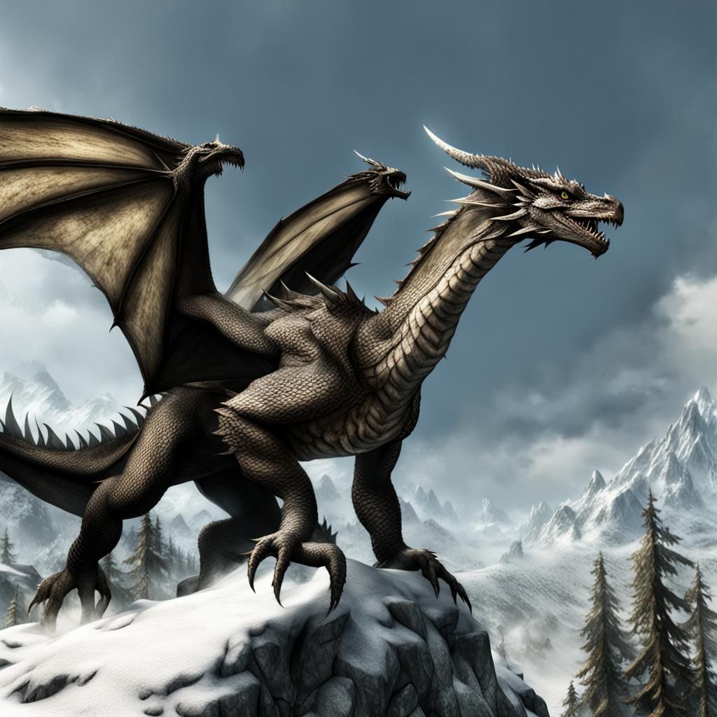 Tamed Dragon in Skyrim Fantasy Landscape