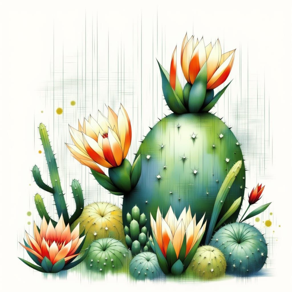 Dreamy Watercolor Cactus with Raster Background