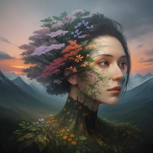 Surreal Double Exposure: Human-Nature Landscape Art