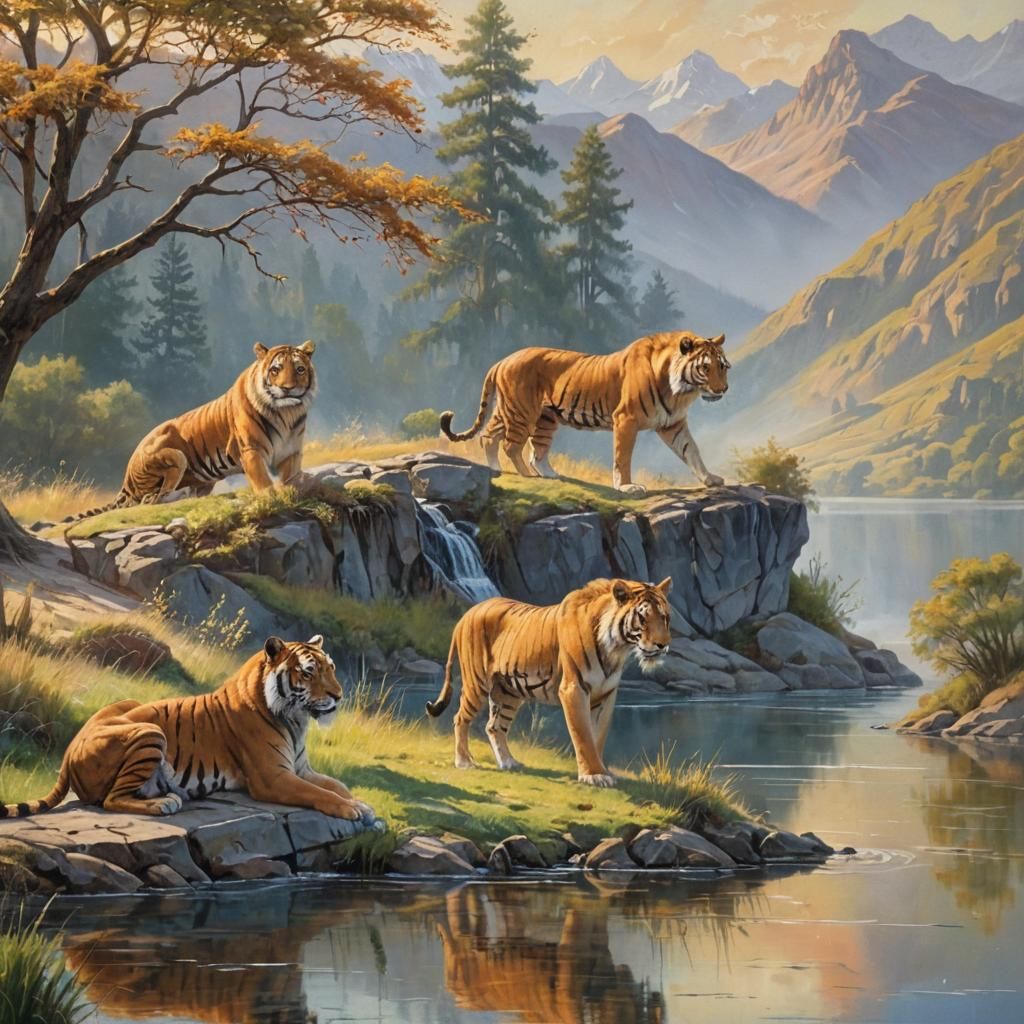 Harmonious Wildlife Landscape in Oil Painting Style
