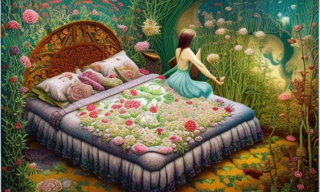 Woman in Surreal Bed of Flowers, Fairytale Art