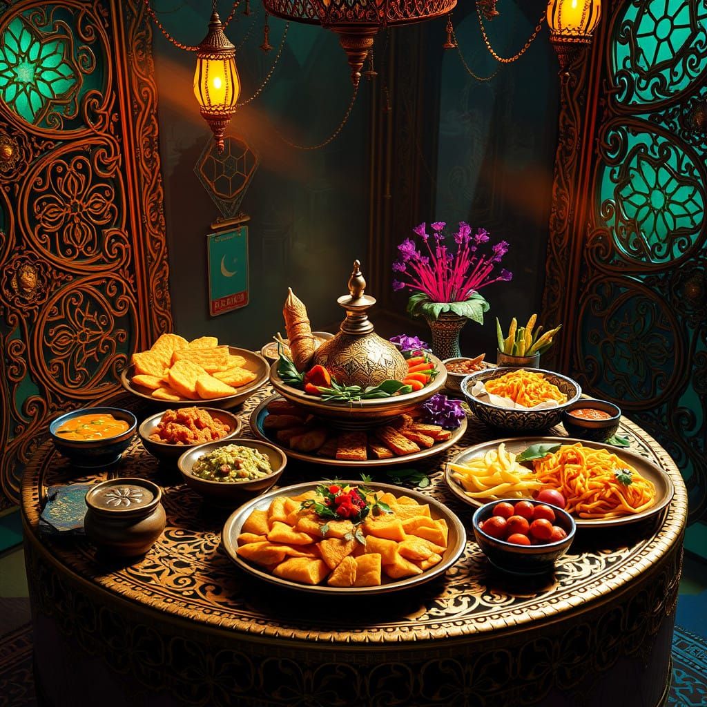 Exotic Pakistani Cuisine in Vibrant, Dreamlike Setting