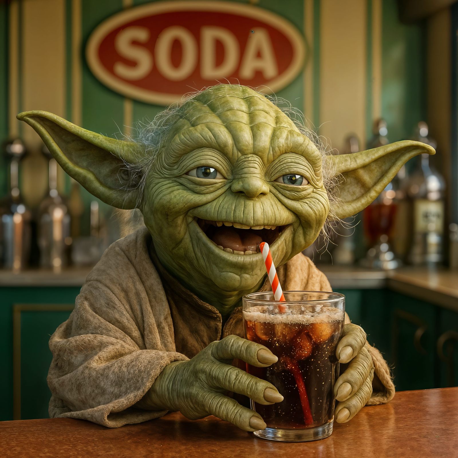 Happy Yoda Drinks Soda in a Soda Shop