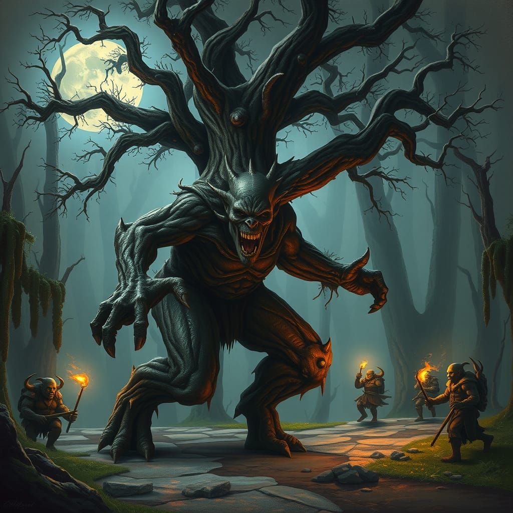 Humanoid Tree Chasing Orcs in Dark Fantasy Style