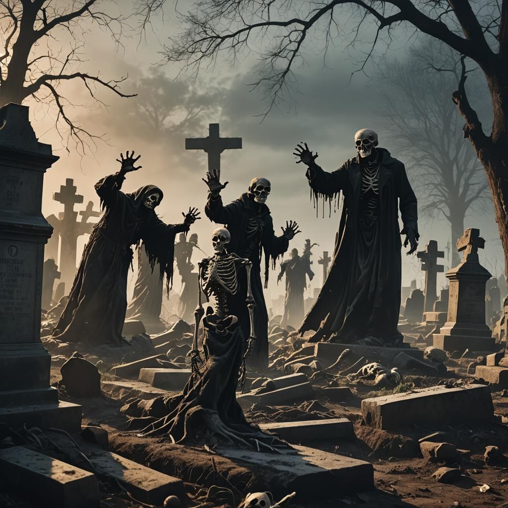 Eerie Gothic Cemetery: Zombies Rising in Golden Hour