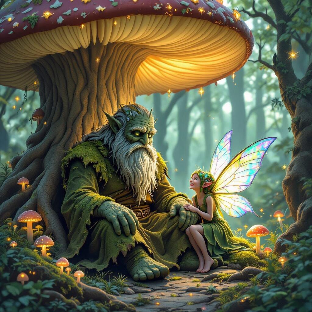 Moss Golem and Sprite Share Laughter Under Mushroom Canopy