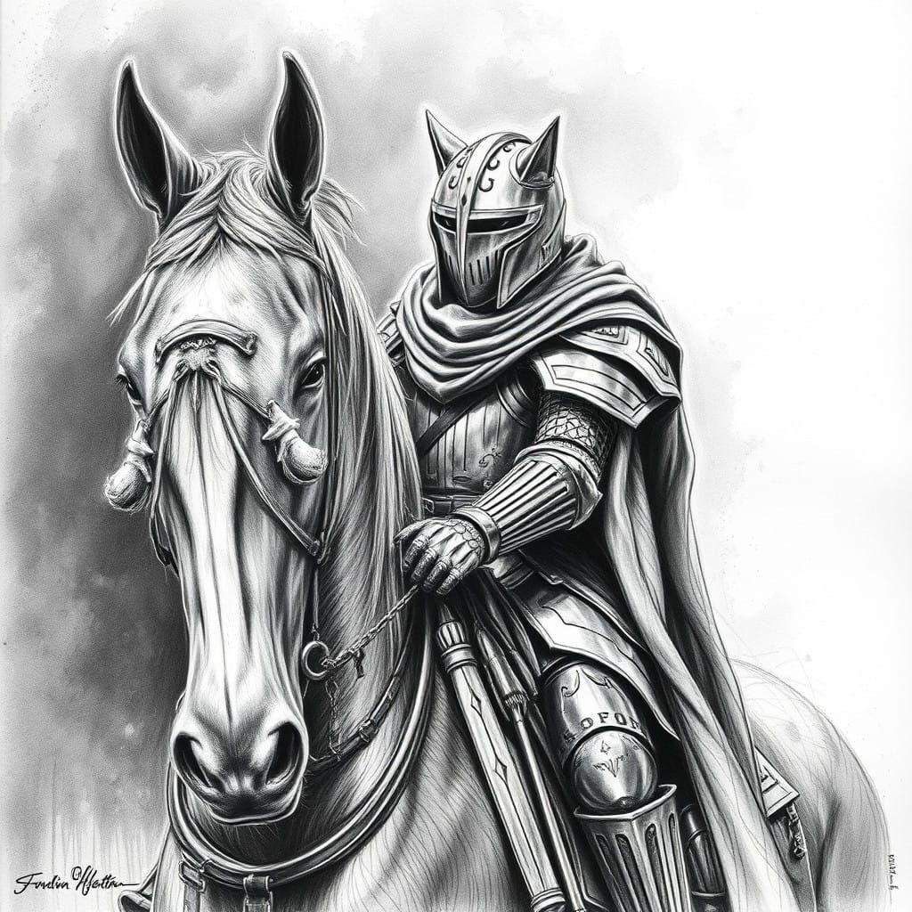 Regal Feline Knight on Steed in Charcoal