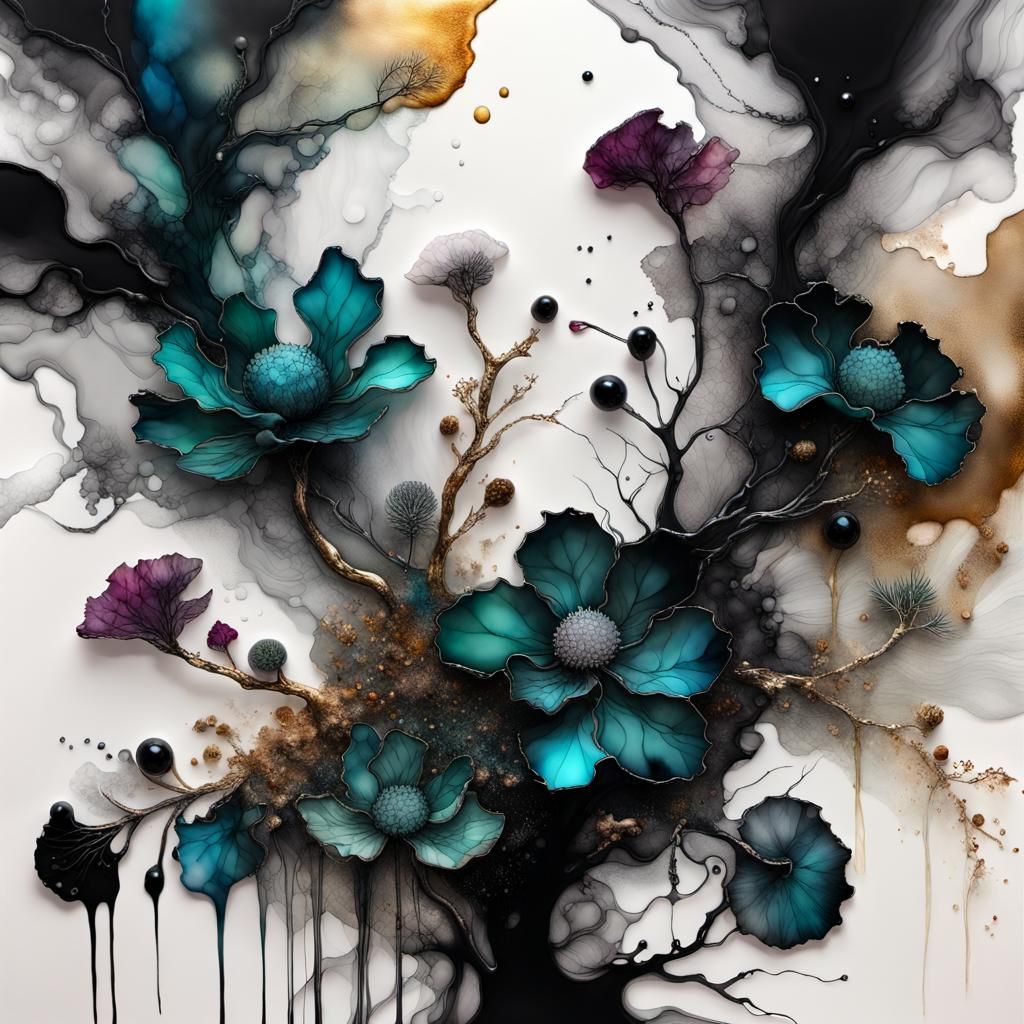 Monochrome Alcohol Ink Art with Mythological Creatures