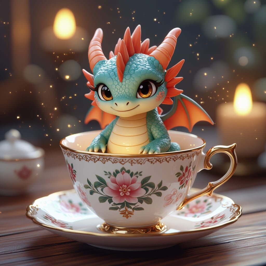 Baby Dragon in Teacup: 3D Anime Art