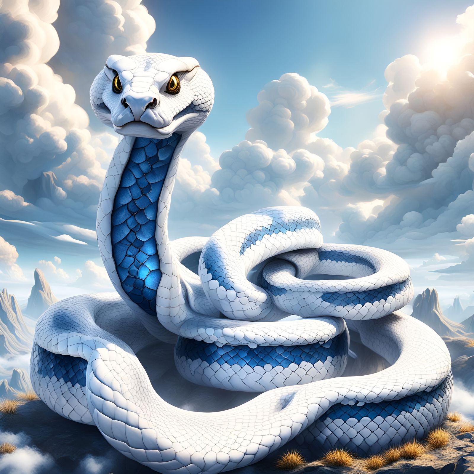 White Snake Ascending Through Clouds: Digital Art