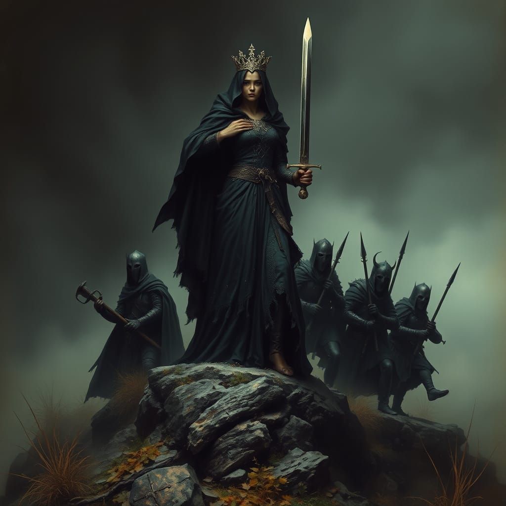 Dark Princess Leads Bandits in Mysterious, Ominous Landscape