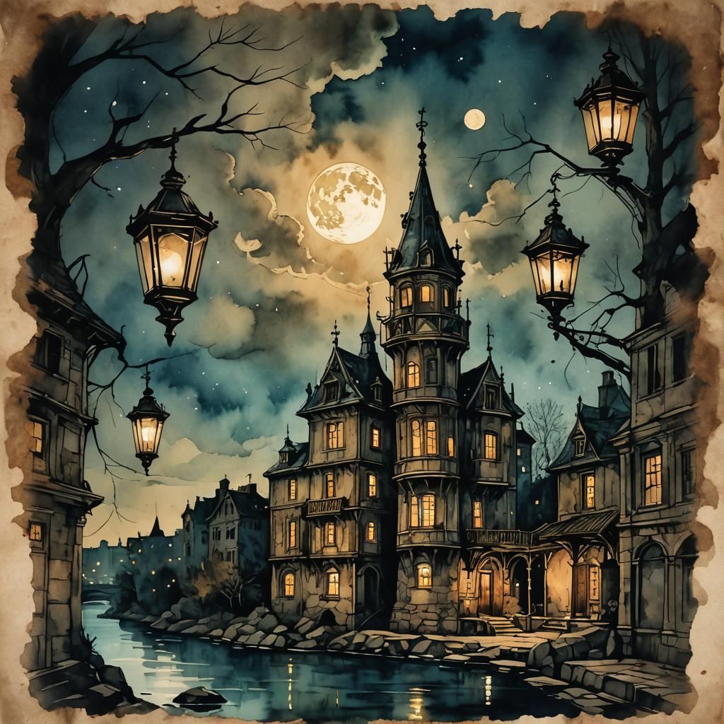 Steampunk Ink Painting of Belle Isle at Night