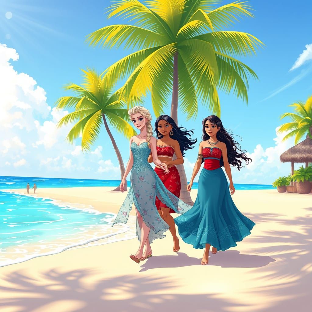 Elsa and Moana on a Sunny Beach in Anime Style