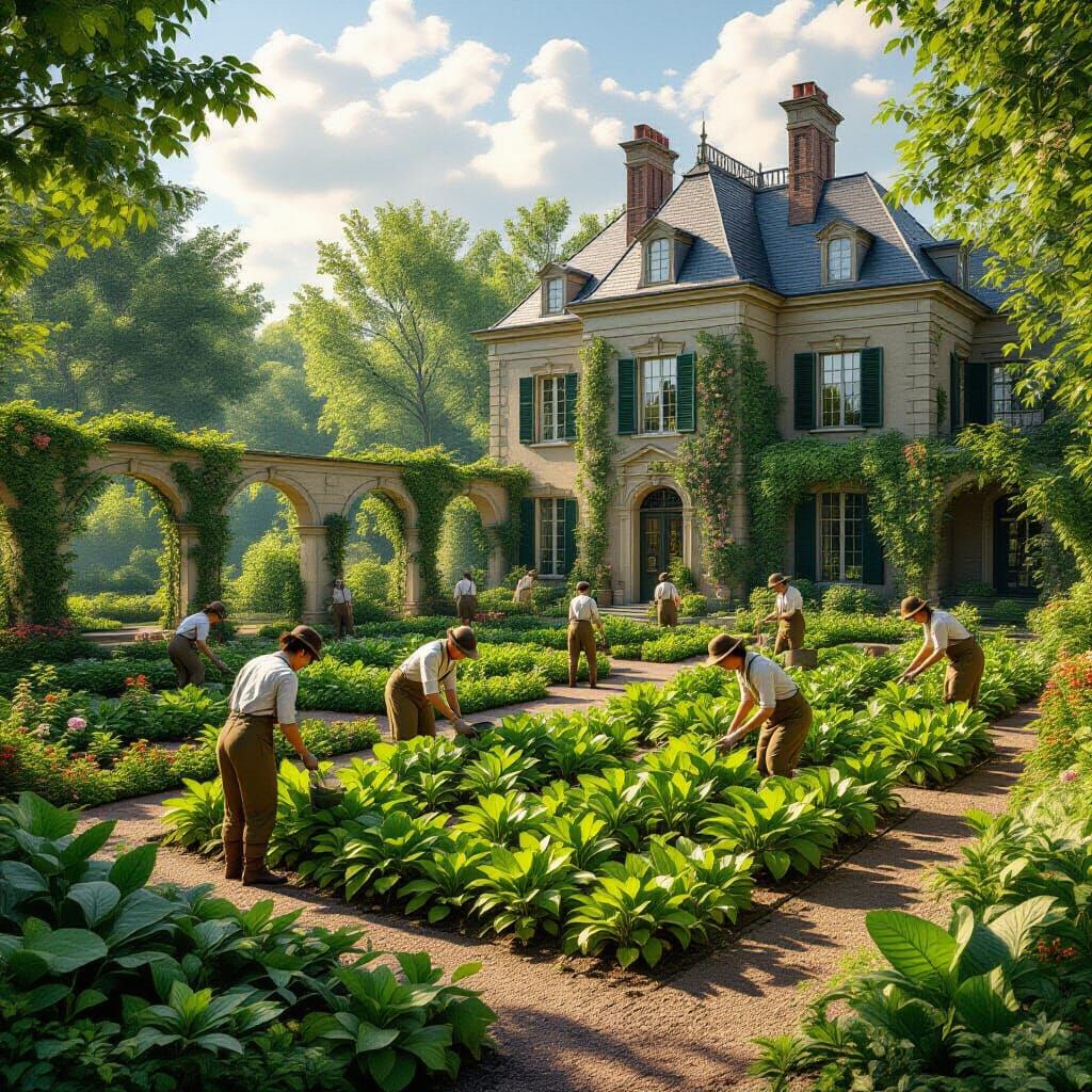 1845 Estate Herb Garden with Diligent Gardeners