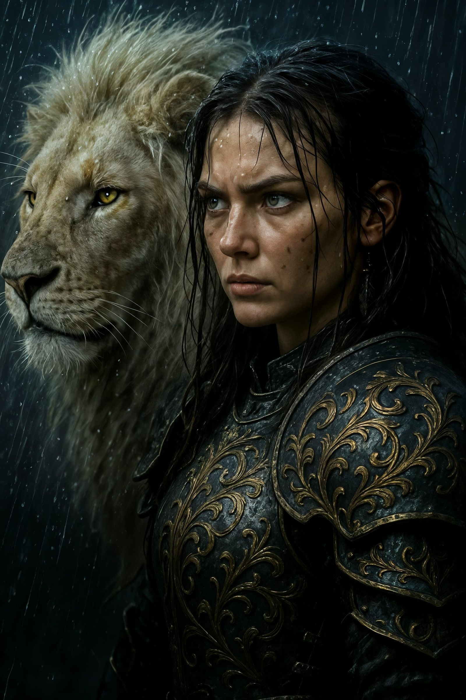 Warrior Woman and Lion in Epic Fantasy Style