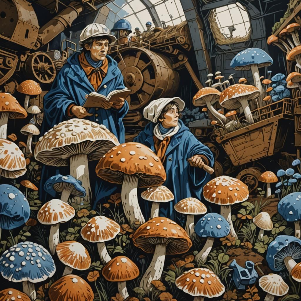 Activists Tending Mushrooms in Linocut Style