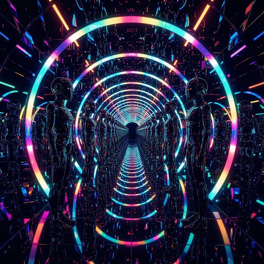 Robotic Kaleidoscope: Mirrored Tunnel in Neon Light