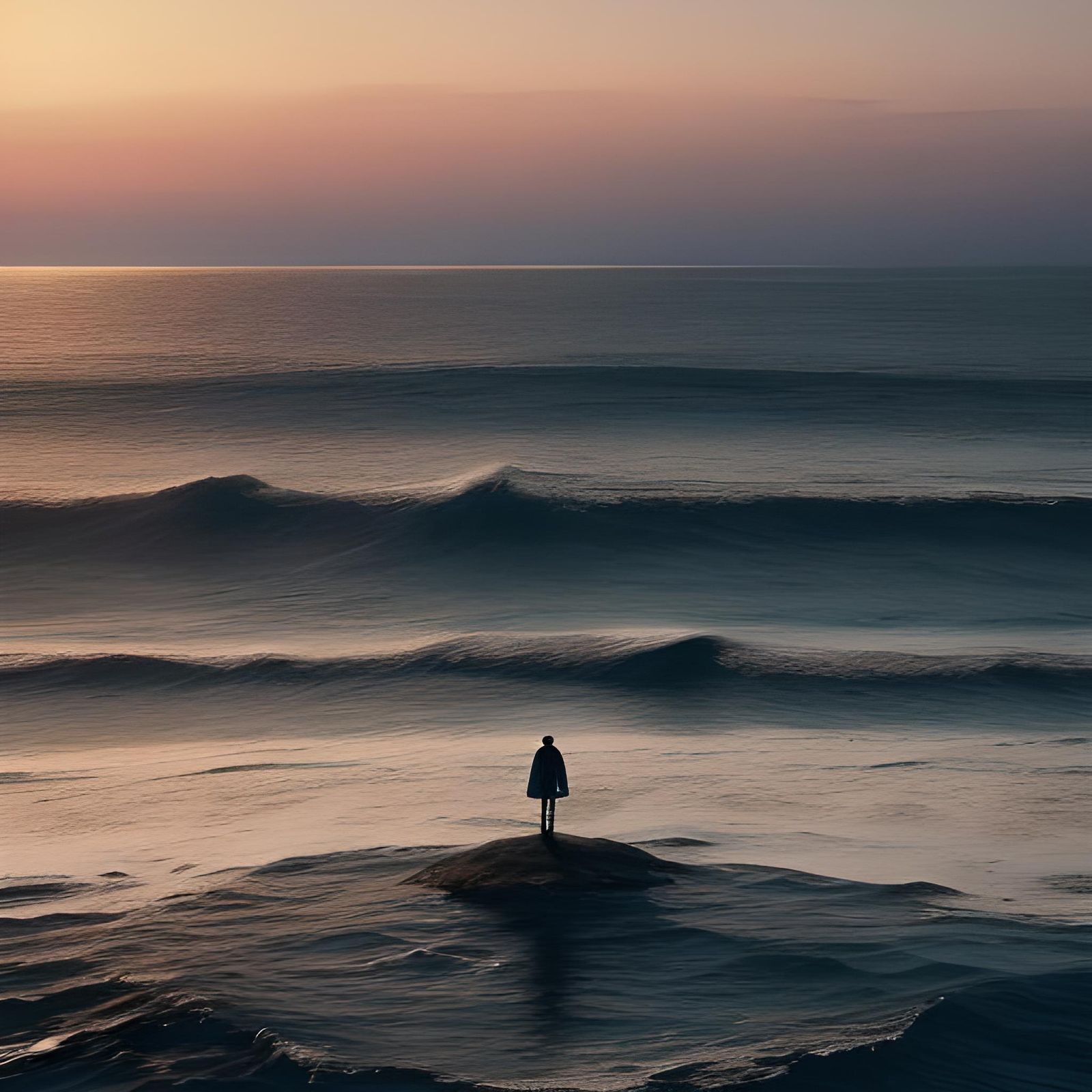 Solitary Figure Contemplates Ocean's Vastness at Dusk