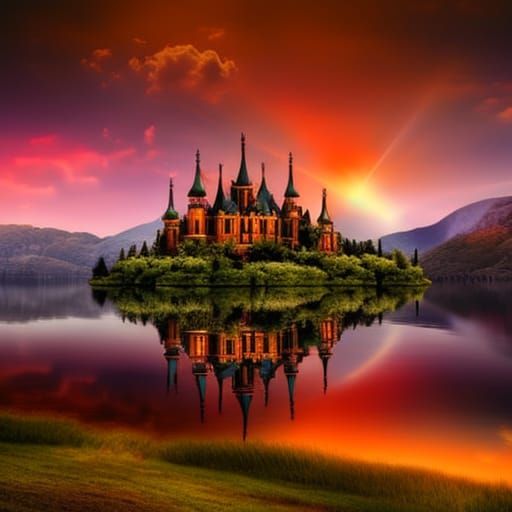 Enchanted castle on the lake. Photorealistic fantasy style. HDR