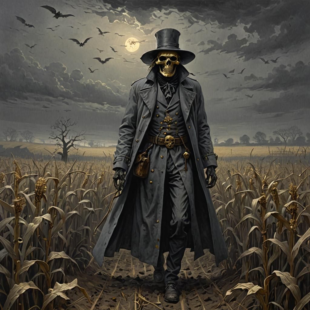 Terrifying Scarecrow in Misty Cornfield: Horror Art