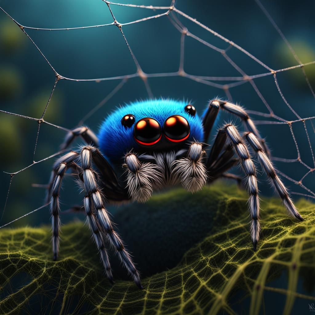 Cute Fuzzy Blue Spider in Detailed Web Room
